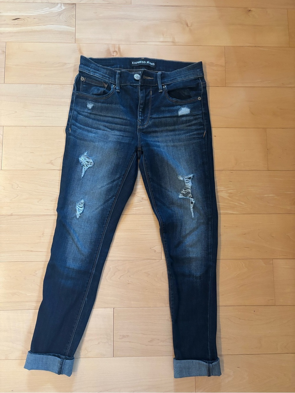 Express Boyfriend Jeans in Dark Blue with Distressed Details